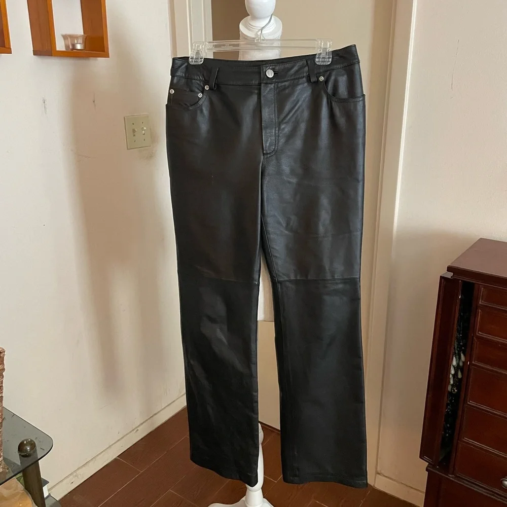 Newport News Leather Black Pant size 8 lined 5 pocket button zipper straight leg - Picture 5 of 15